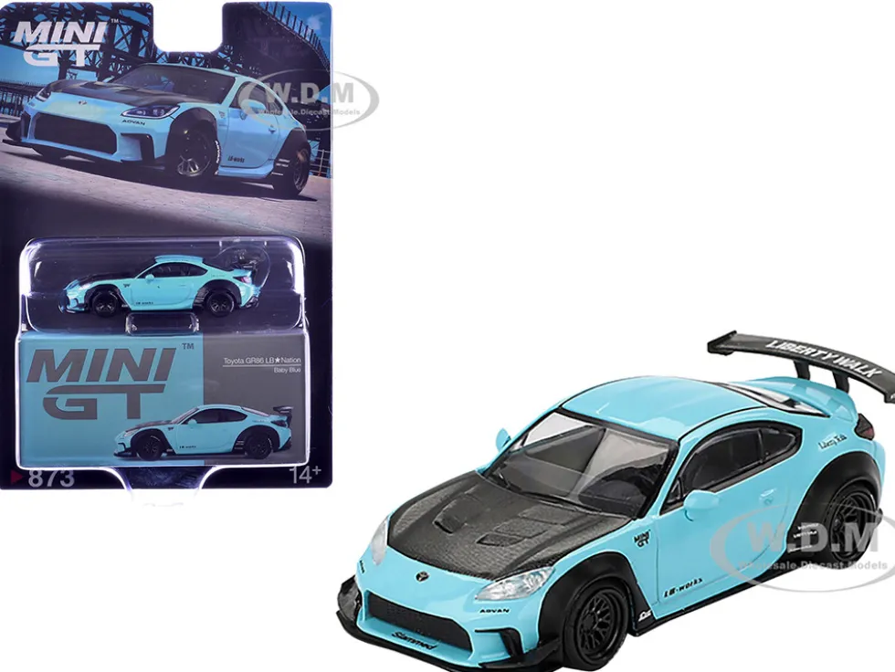 Toyota GR86 "LB-Nation - Liberty Walk" Baby Blue with Carbon Hood Limited Edition 1/64 Diecast Model Car by Mini GT