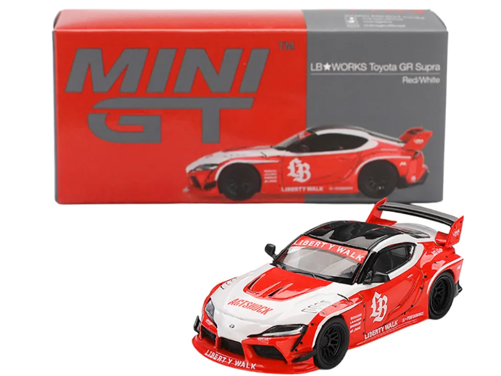 Toyota GR Supra "LB-Works" Red with White Stripes and Black Top Limited Edition 1/64 Diecast Model Car by Mini GT