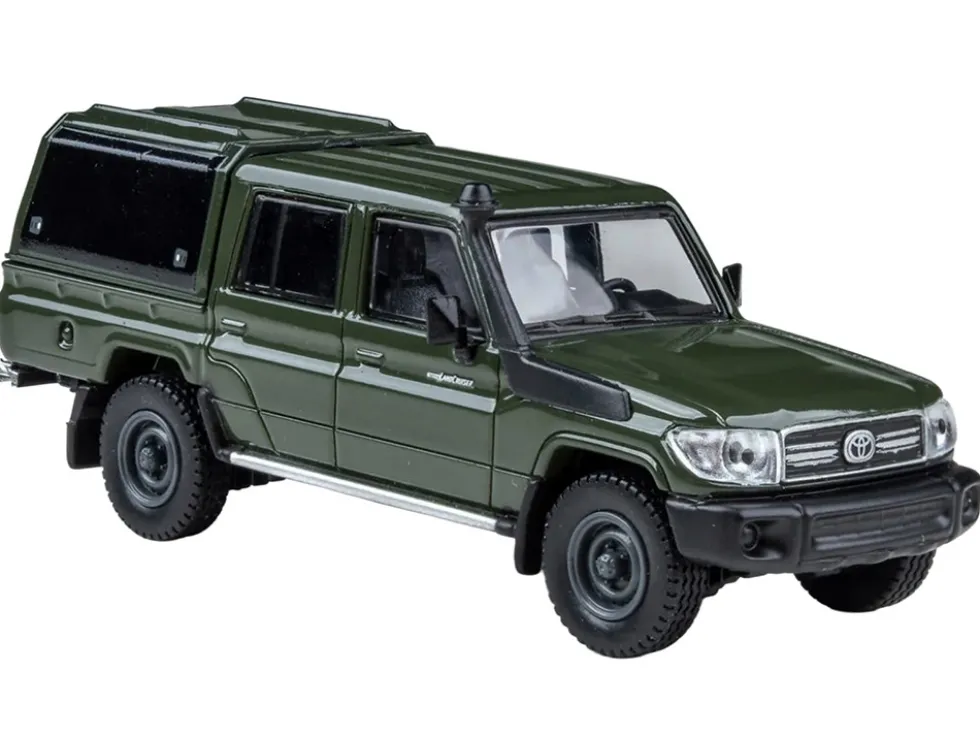 2014 Toyota Land Cruiser LC 79 with Camper Shell Military Green 1/64 Diecast Model Car by Paragon Models