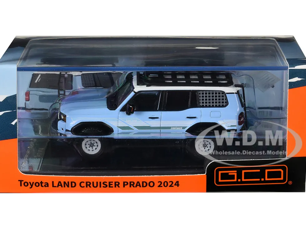 2024 Toyota Land Cruiser Prado Light Blue with White Top and Stripes with Roof Rack and Accessory 1/64 Diecast Model Car by GCD
