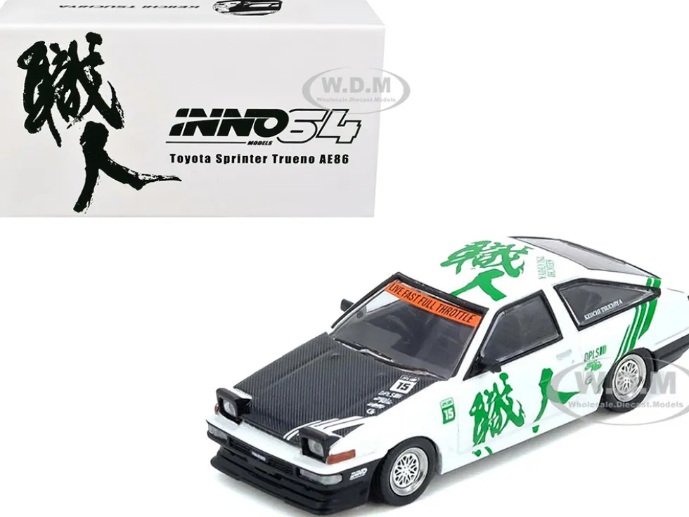 Toyota Sprinter Trueno (AE86) RHD (Right Hand Drive) #15 "Keiichi Tsuchiya" White with Green Graphics 1/64 Diecast Model Car by Inno Models