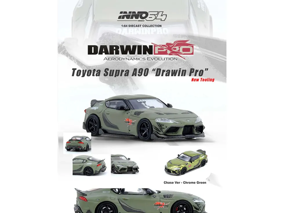 Toyota Supra (A90) "DarwinPro" Matt Green with Carbon Accents 1/64 Diecast Model Car by Inno Models