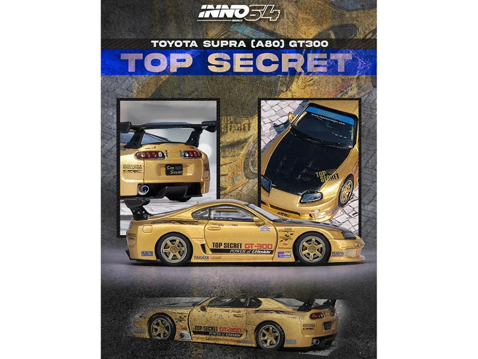 Toyota Supra (A80) "Top Secret" GT300 RHD (Right Hand Drive) Gold Metallic with Carbon Hood 1/64 Diecast Model Car by Inno Models