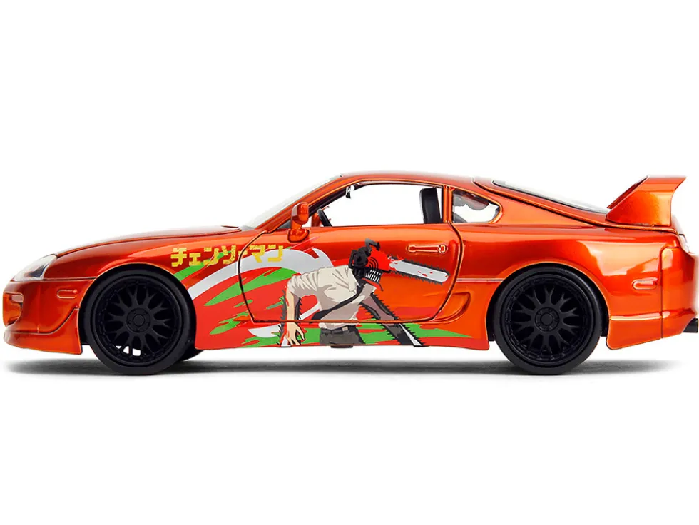 1995 Toyota Supra Orange Metallic with Graphics and Chainsaw Man Diecast Figure "Chainsaw Man" (2022) TV Series "Anime Hollywood Rides" Series 1/24 Diecast Model by Jada