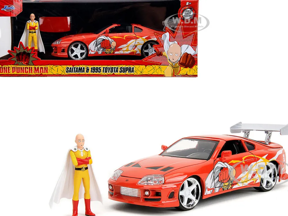 1995 Toyota Supra Red with Graphics and Saitama Diecast Figure "One Punch Man" (2015-2019) TV Series 1/24 Diecast Model by Jada