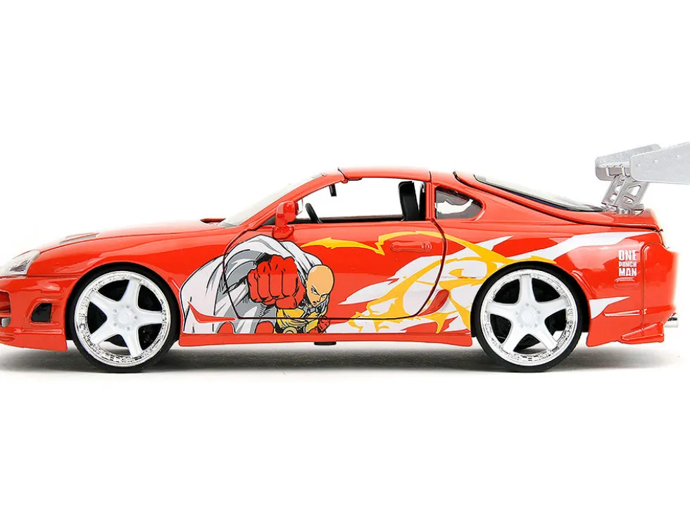 1995 Toyota Supra Red with Graphics and Saitama Diecast Figure "One Punch Man" (2015-2019) TV Series 1/24 Diecast Model by Jada