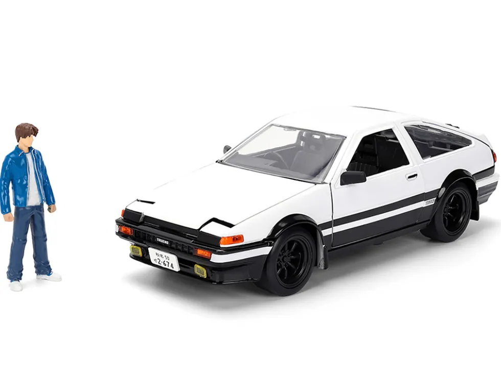 Toyota Trueno (AE86) RHD (Right Hand Drive) White and Black with Graphics and Takumi Diecast Figure "Initial D" (1998-2021) TV Series "Anime Hollywood Rides" Series 1/24 Diecast Model by Jada