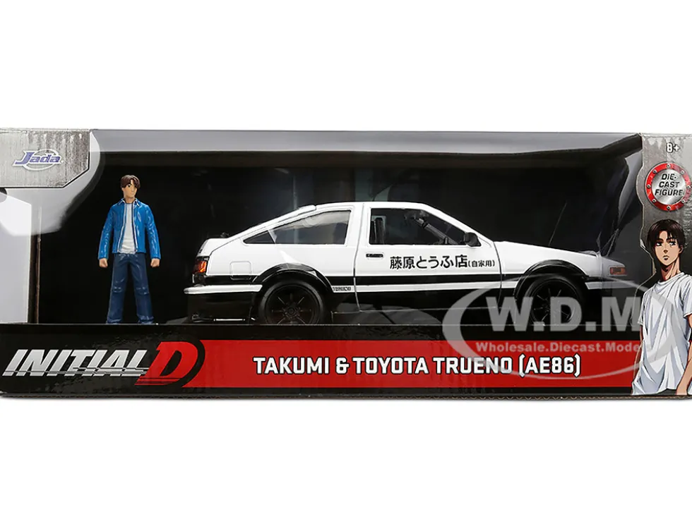 Toyota Trueno (AE86) RHD (Right Hand Drive) White and Black with Graphics and Takumi Diecast Figure "Initial D" (1998-2021) TV Series "Anime Hollywood Rides" Series 1/24 Diecast Model by Jada
