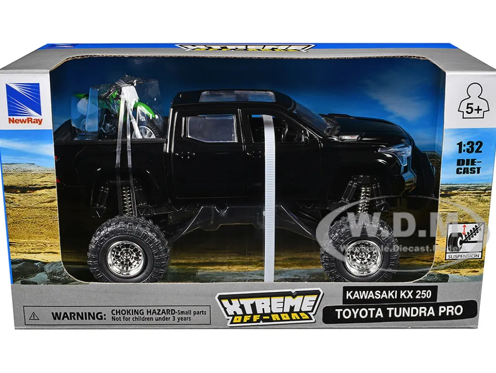 Toyota Tundra Pro Pickup Truck Black and Kawasaki KX 250 Motorcycle Green and White "Xtreme Off-Road" Series 1/32 Diecast Models by New Ray