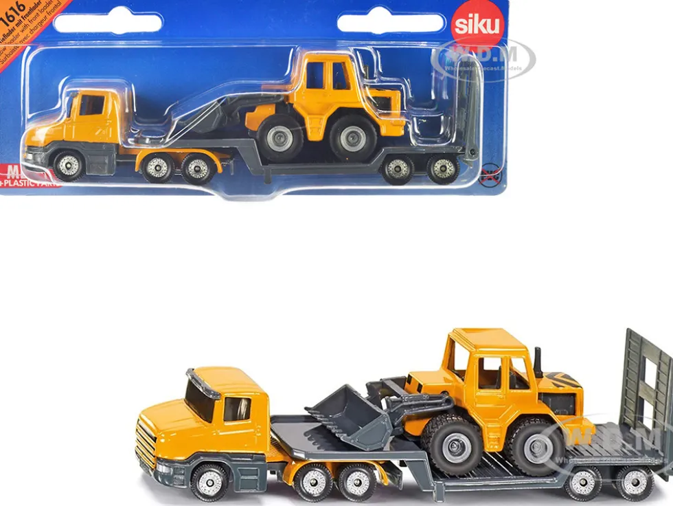 Truck with Low Loader Trailer and Front Loader Yellow Diecast Model Siku 1616