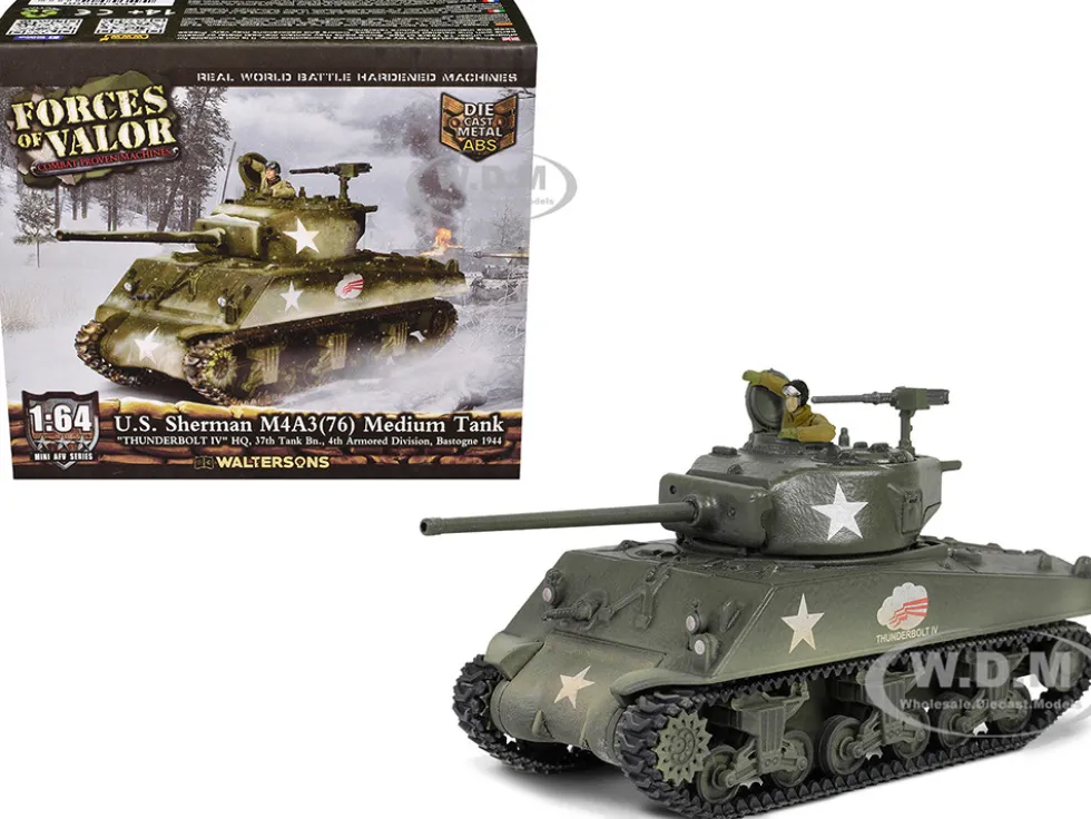 U.S. Sherman M4A3(76) Medium Tank "THUNDERBOLT IV, 37th Tank Battalion, 4th Armored Division, Bastogne" (1944) United States Army "Mini AFV" Series 1/64 Diecast Model by Forces of Valor