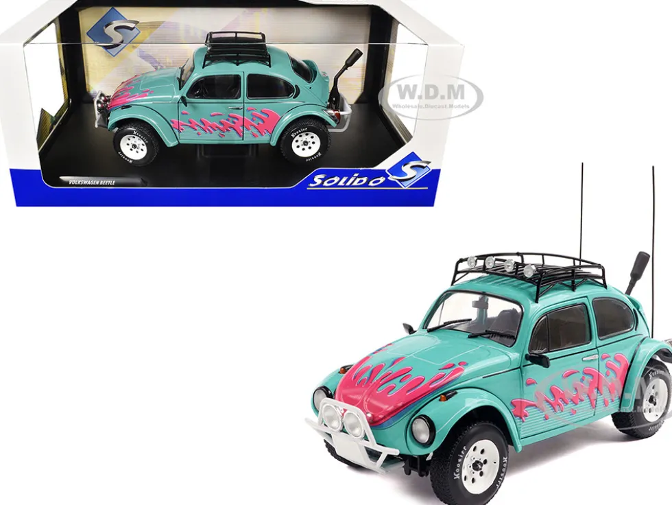 1976 Volkswagen Beetle Baja Miami Green with Pink Graphics 1/18 Diecast Model Car by Solido