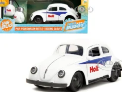 1959 Volkswagen Beetle Holt White with Blue Graphics and Boxing Gloves Accessory Punch Buggy Series 1/32 Diecast Model Car Jada 34237