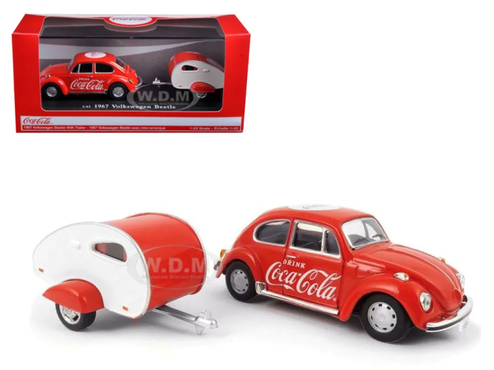 1967 Volkswagen Beetle Red Teardrop Travel Trailer Red White Coca-Cola 1/43 Diecast Model Car Motor City Classics 440032