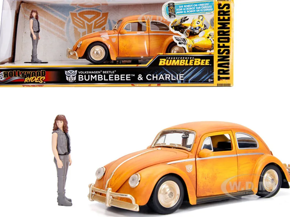 Volkswagen Beetle Weathered Yellow Robot on Chassis Charlie Diecast Figurine Bumblebee 2018 Movie Transformers Series Hollywood Rides Series 1/24 Diecast Model Car Jada 30114