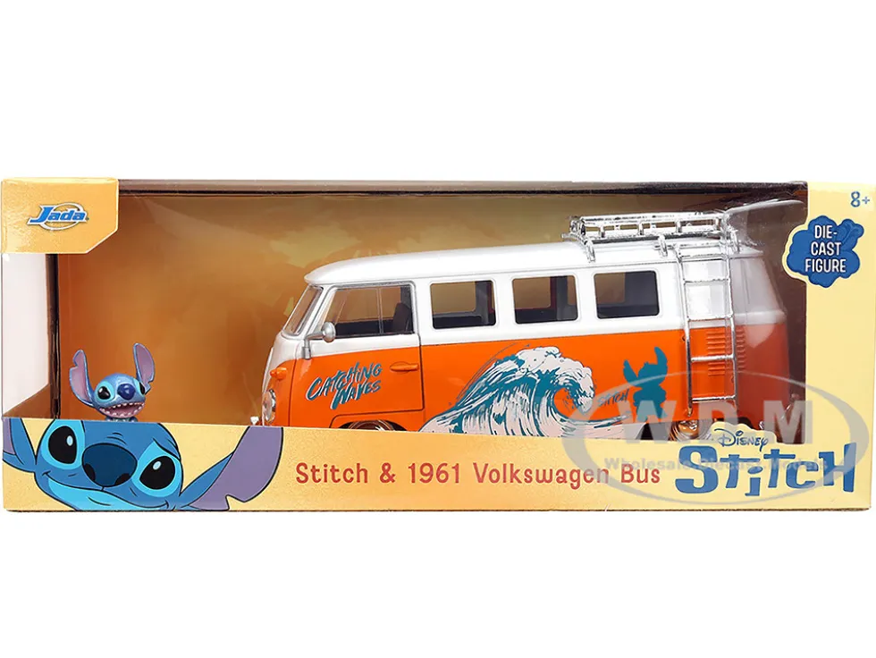 1961 Volkswagen Bus "Catching Waves" White and Orange with Stich Diecast Figure "Disney's Stitch" "Hollywood Rides" Series 1/24 Diecast Model by Jada