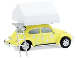Volkswagen Classic Beetle Yellow with White Flower Graphics and Interior with Camp'otel Cartop Sleeper Tent "The Great Outdoors" Series 4 1/64 Diecast Model Car by Greenlight