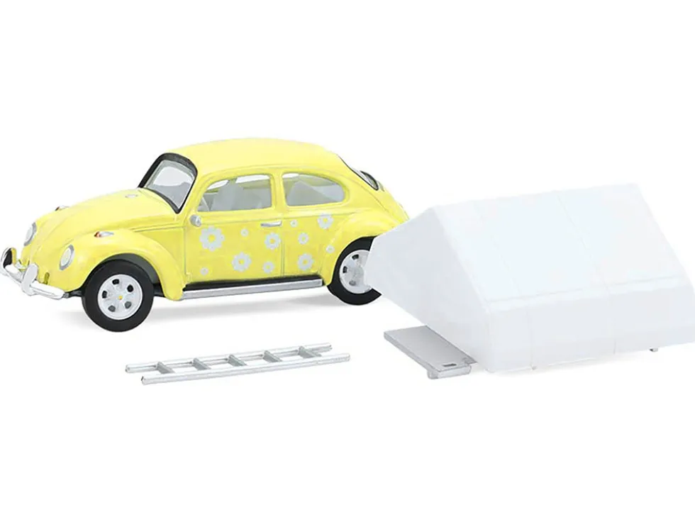Volkswagen Classic Beetle Yellow with White Flower Graphics and Interior with Camp'otel Cartop Sleeper Tent "The Great Outdoors" Series 4 1/64 Diecast Model Car by Greenlight