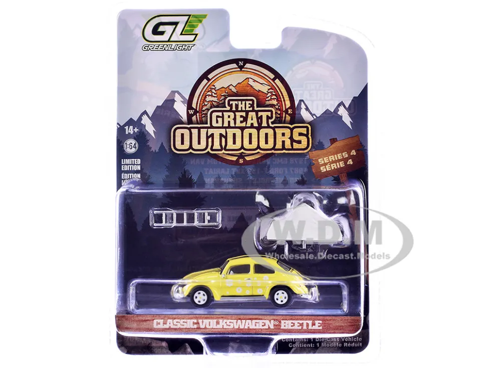 Volkswagen Classic Beetle Yellow with White Flower Graphics and Interior with Camp'otel Cartop Sleeper Tent "The Great Outdoors" Series 4 1/64 Diecast Model Car by Greenlight