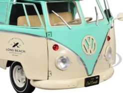2024 Volkswagen Cool Combi Van with Trailer "Long Beach Surfing Club" Mint Green and Cream with Roof Rack and Surfboard 1/18 Diecast Model Car by Solido