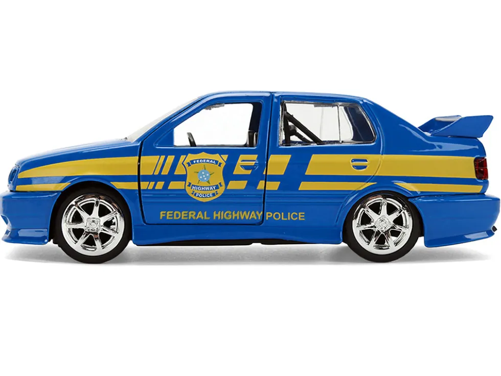 Volkswagen Jetta Police Vehicle "Rio Federal Highway Police" Blue with Yellow Stripes "Fast Five" (2011) Movie "Fast & Furious" Series 1/32 Diecast Model Car by Jada