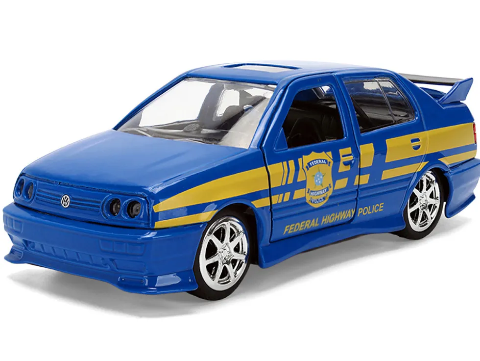 Volkswagen Jetta Police Vehicle "Rio Federal Highway Police" Blue with Yellow Stripes "Fast Five" (2011) Movie "Fast & Furious" Series 1/32 Diecast Model Car by Jada