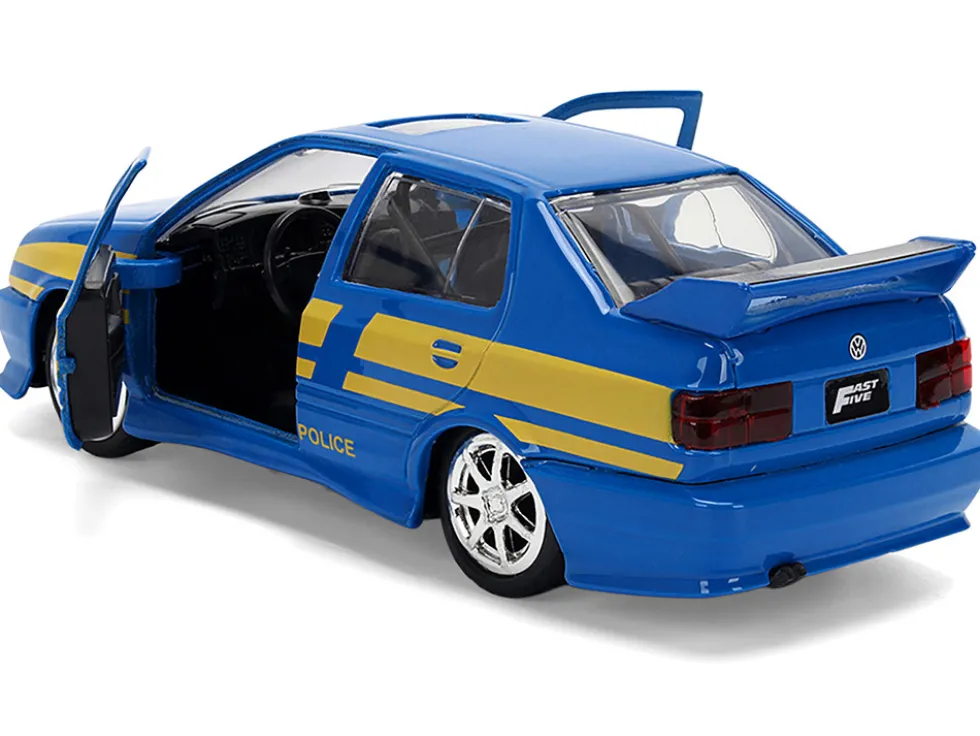 Volkswagen Jetta Police Vehicle "Rio Federal Highway Police" Blue with Yellow Stripes "Fast Five" (2011) Movie "Fast & Furious" Series 1/32 Diecast Model Car by Jada