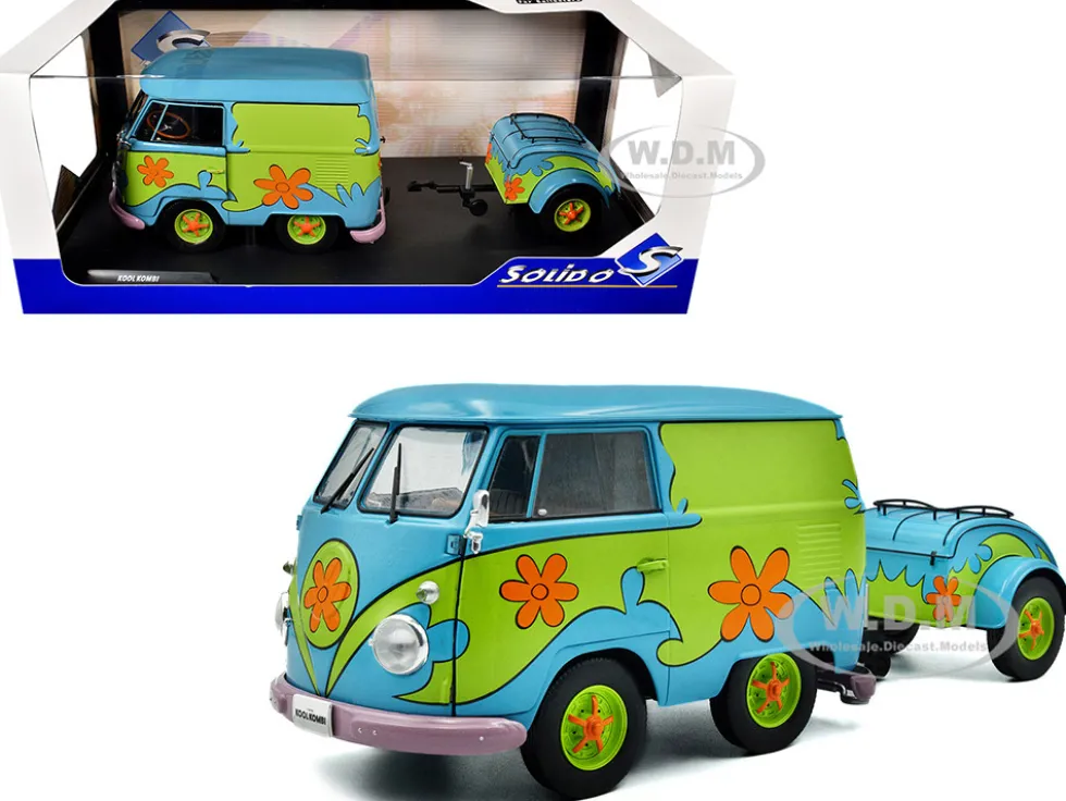 2024 Volkswagen Kool Kombi Van with Trailer "Ghost Hunter" Blue and Green with Graphics 1/18 Diecast Model Car by Solido