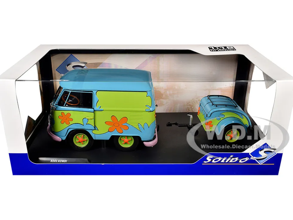 2024 Volkswagen Kool Kombi Van with Trailer "Ghost Hunter" Blue and Green with Graphics 1/18 Diecast Model Car by Solido