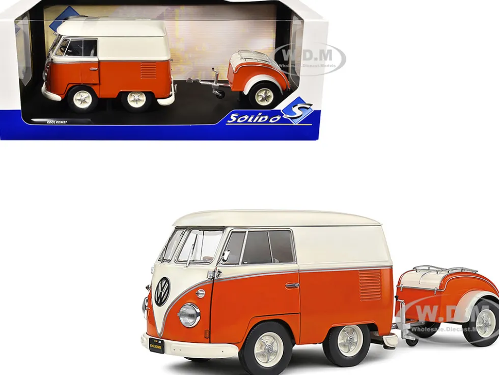 1950 Volkswagen Kool Kombi Van with Trailer Orange and White 1/18 Diecast Model Car by Solido