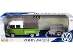 Volkswagen T1 Pickup Canopy Green White Trailer Road Service 1/24 Diecast Model Car Motormax 79676