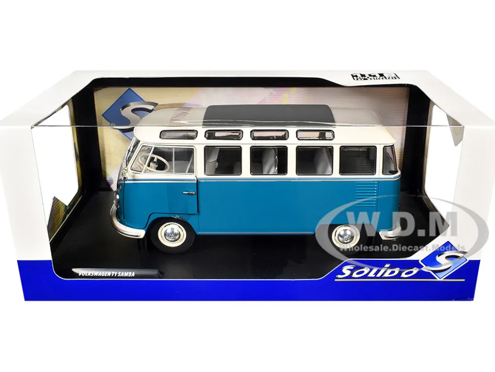 1962 Volkswagen T1 Samba Bus Baby Blue and White 1/18 Diecast Model Car by Solido