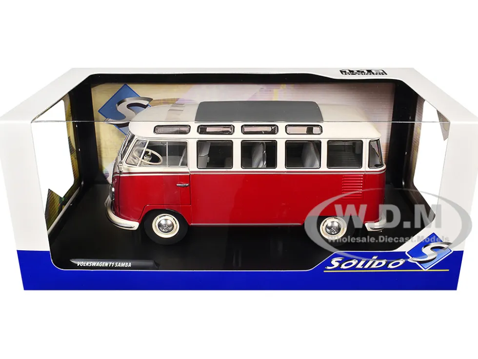1962 Volkswagen T1 Samba Bus Red and White 1/18 Diecast Model Car by Solido
