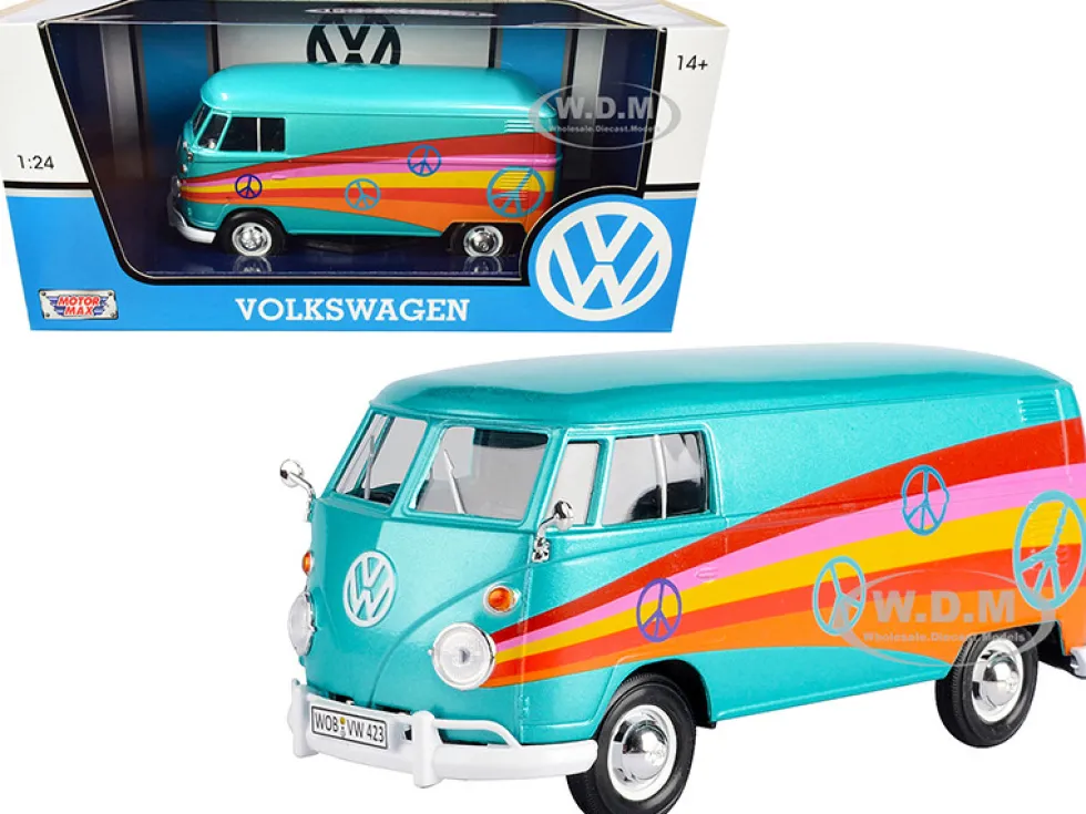 Volkswagen Type 2 T1 Delivery Van Peace Turquoise Metallic 1/24 Diecast Model Car Motormax 79583