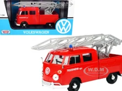 Volkswagen Type 2 T1 Fire Truck Aerial Ladder Feuerwehr Red 1/24 Diecast Model Car Motormax 79584