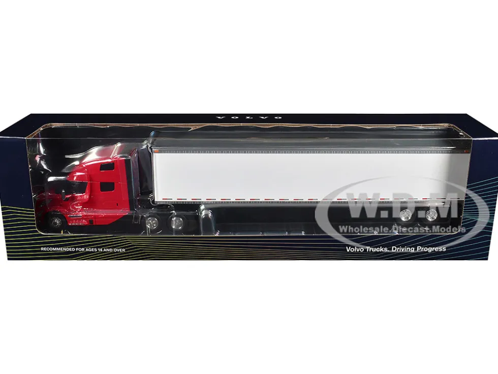 Volvo VNL 860 High-Roof Sleeper and 53' Trailer with Skirts Red with White Trailer 1/50 Diecast Model by First Gear