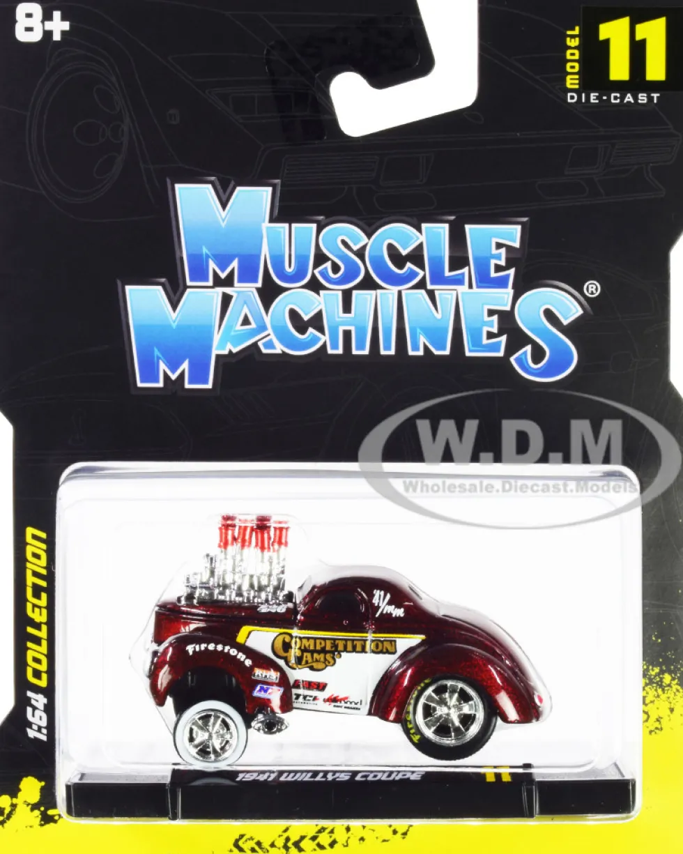 1941 Willys Coupe Gasser Competition Cams Red Metallic White 1/64 Diecast Model Car Muscle Machines 15549