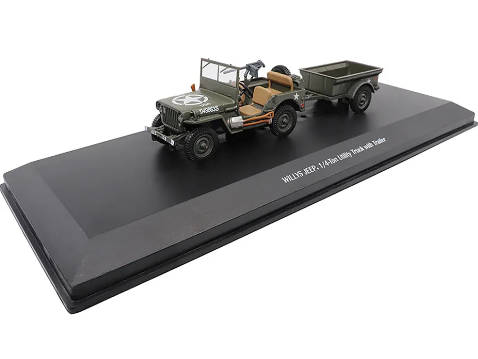 Willys Jeep 1 4 Ton Utility Truck Olive Drab with Trailer United States Army 1/43 Diecast Model Militaria Die Cast 23200-44