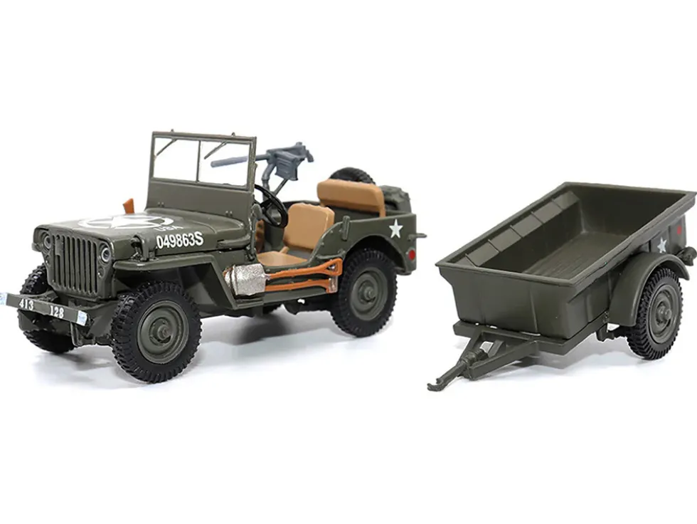 Willys Jeep 1 4 Ton Utility Truck Olive Drab with Trailer United States Army 1/43 Diecast Model Militaria Die Cast 23200-44
