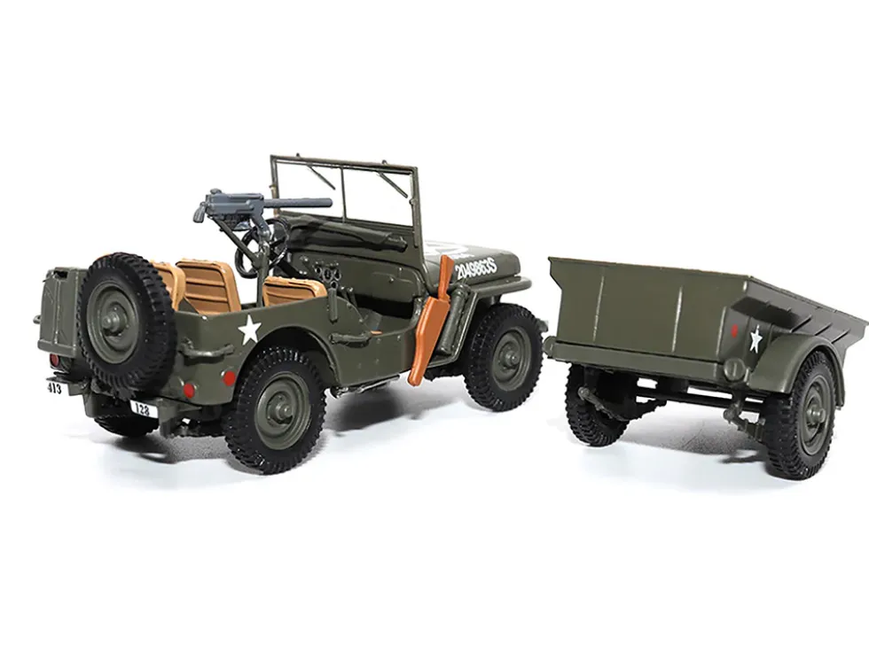 Willys Jeep 1 4 Ton Utility Truck Olive Drab with Trailer United States Army 1/43 Diecast Model Militaria Die Cast 23200-44