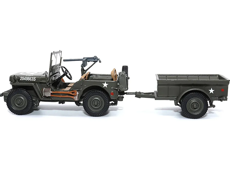 Willys Jeep 1 4 Ton Utility Truck Olive Drab with Trailer United States Army 1/43 Diecast Model Militaria Die Cast 23200-44
