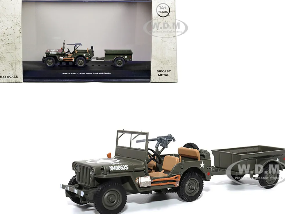 Willys Jeep 1 4 Ton Utility Truck Olive Drab with Trailer United States Army 1/43 Diecast Model Militaria Die Cast 23200-44