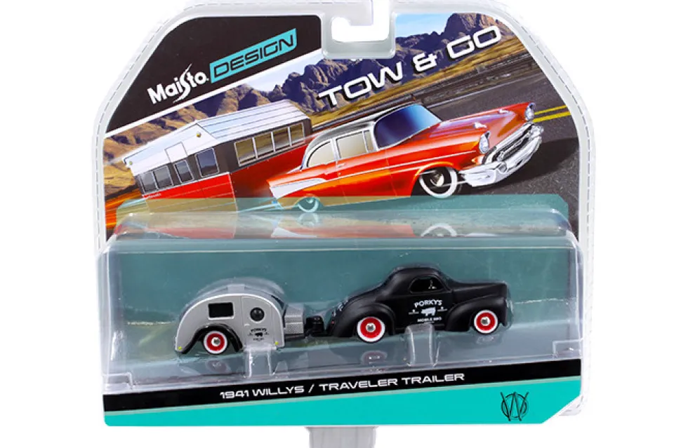 1941 Willys Matt Black and Traveler Trailer Tow & Go 1/64 Diecast Model Maisto 15368-M