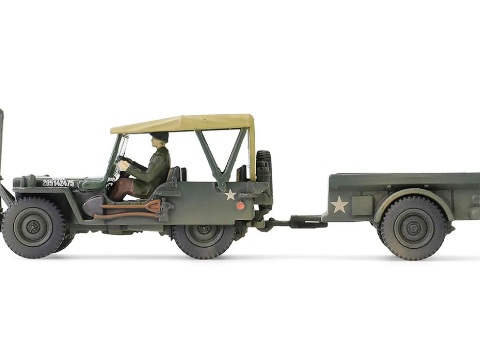 Willys MB Jeep with Trailer Olive Drab (Weathered) with Driver Figure "United States Army" "Mini AFV" Series 1/64 Diecast Model by Forces of Valor