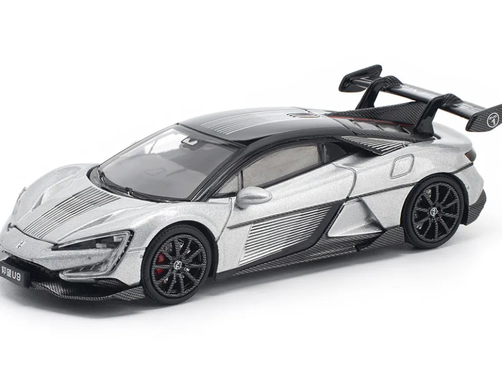 Yangwang U9 Silver Metallic with Black Top and Stripes 1/64 Diecast Model Car by Pop Race