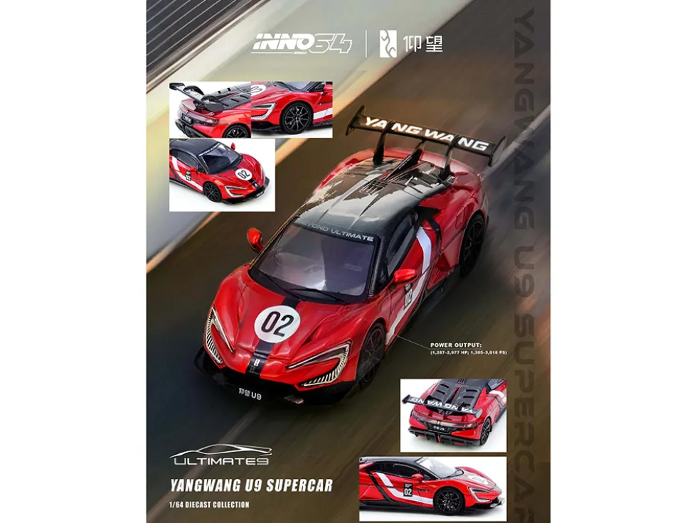 2025 Yangwang U9 Xtreme Test Car #02 Red Metallic with White Stripes and Carbon Top "World Fastest EV Supercar" 1/64 Diecast Model Car by Inno Models