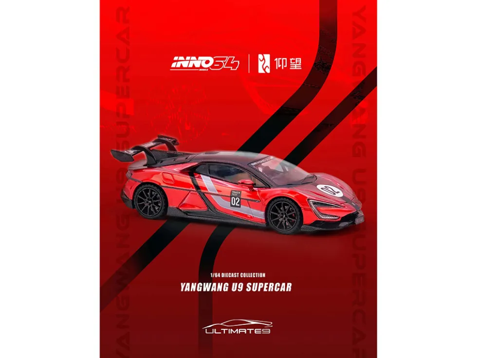 2025 Yangwang U9 Xtreme Test Car #02 Red Metallic with White Stripes and Carbon Top "World Fastest EV Supercar" 1/64 Diecast Model Car by Inno Models